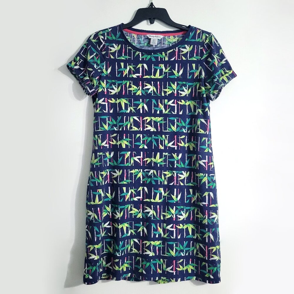 Tommy Bahama Womens Navy Knee Length Shirt Dress Size S Short Sleeve Palm Print